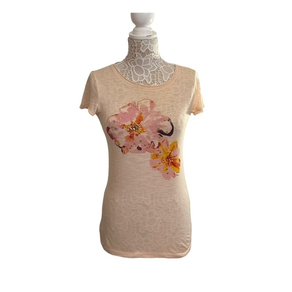 Ann Taylor Loftl Light Pink & Peach Sequined Flower Graphic Tee Women’s XS - Picture 1 of 11
